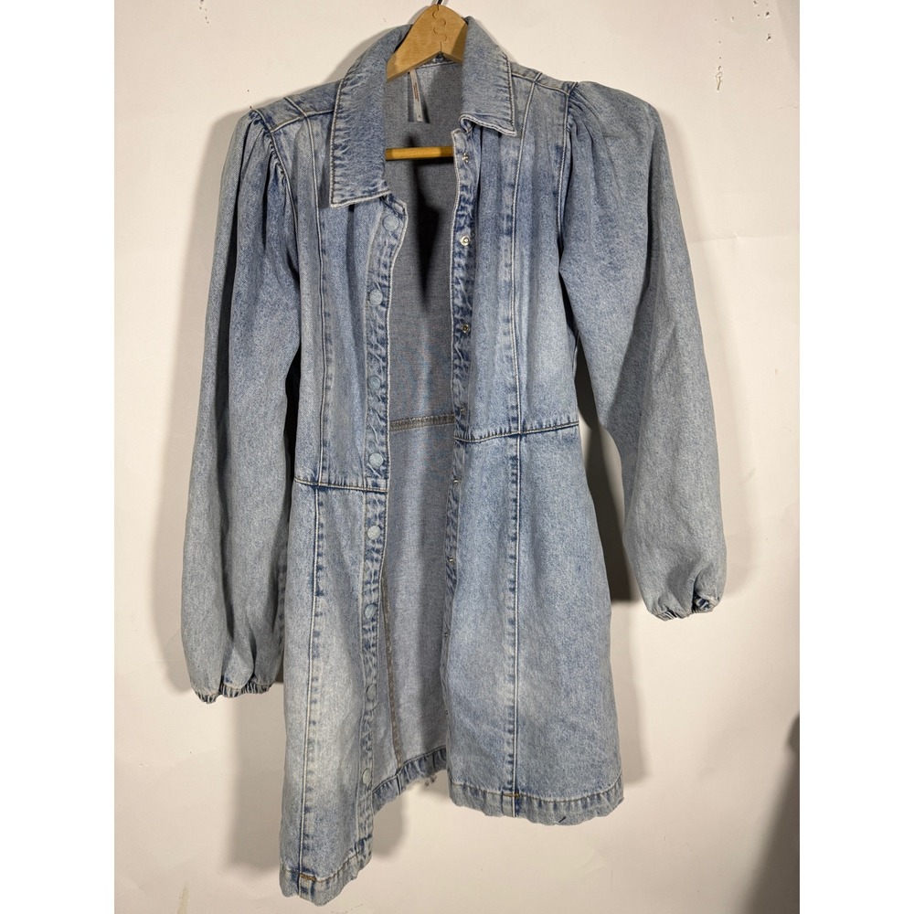 Free People Womens Light Wash Denim Puff Sleeve Snap Front Mini Dress Blue Small